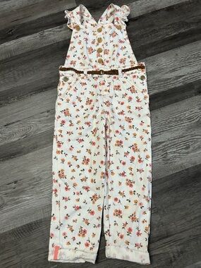 Source Unknown White Floral Denim Overalls with Pink & Peach Blossoms